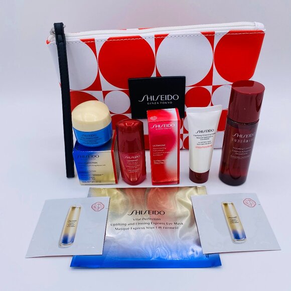 SHISEIDO Skincare Set-Red Dot Pouch,Firm Cream,Ultimune Serum & Eye Mask-7pc-NEW - Picture 2 of 14